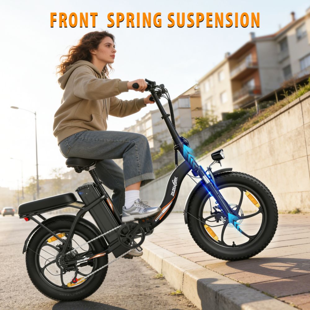 Kobieta jedzie rowerem elektrycznym z przednim amortyzatorem w słoneczny dzień.