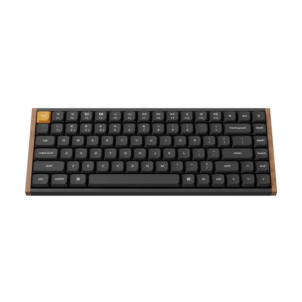 Czarna klawiatura z drewnianą ramką i żółtym klawiszem ESC.