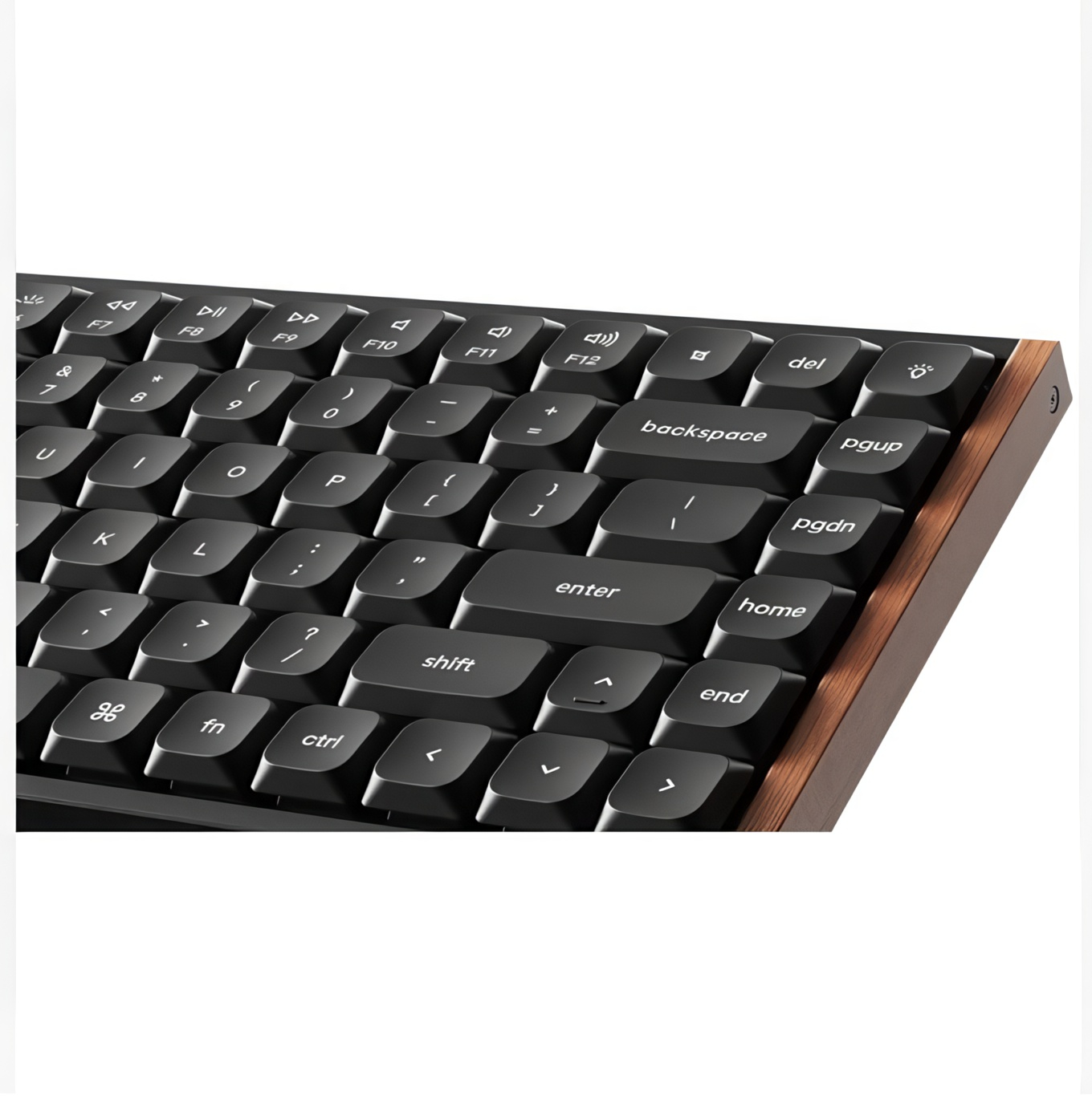 Czarna klawiatura mechaniczna z drewnianą ramką. Widok z bliska klawiszy takich jak Fn, Ctrl, Shift, Enter.
