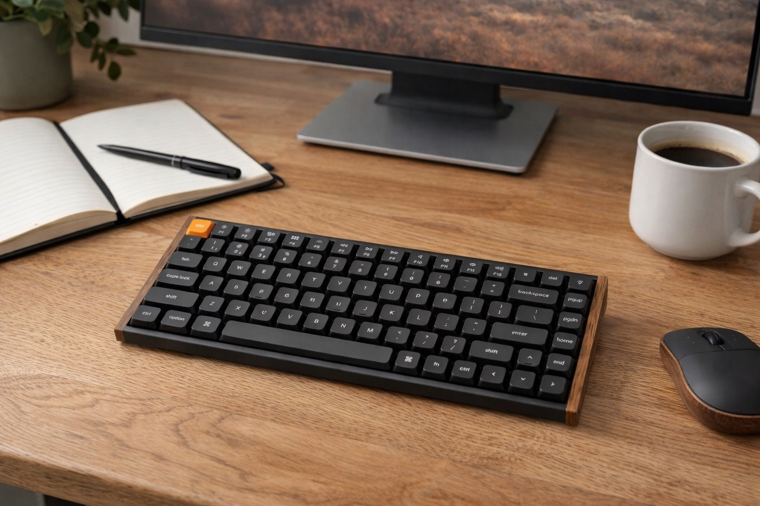 Czarna klawiatura z drewnianą ramką, obok notatnika, długopisu, myszy i kawy.