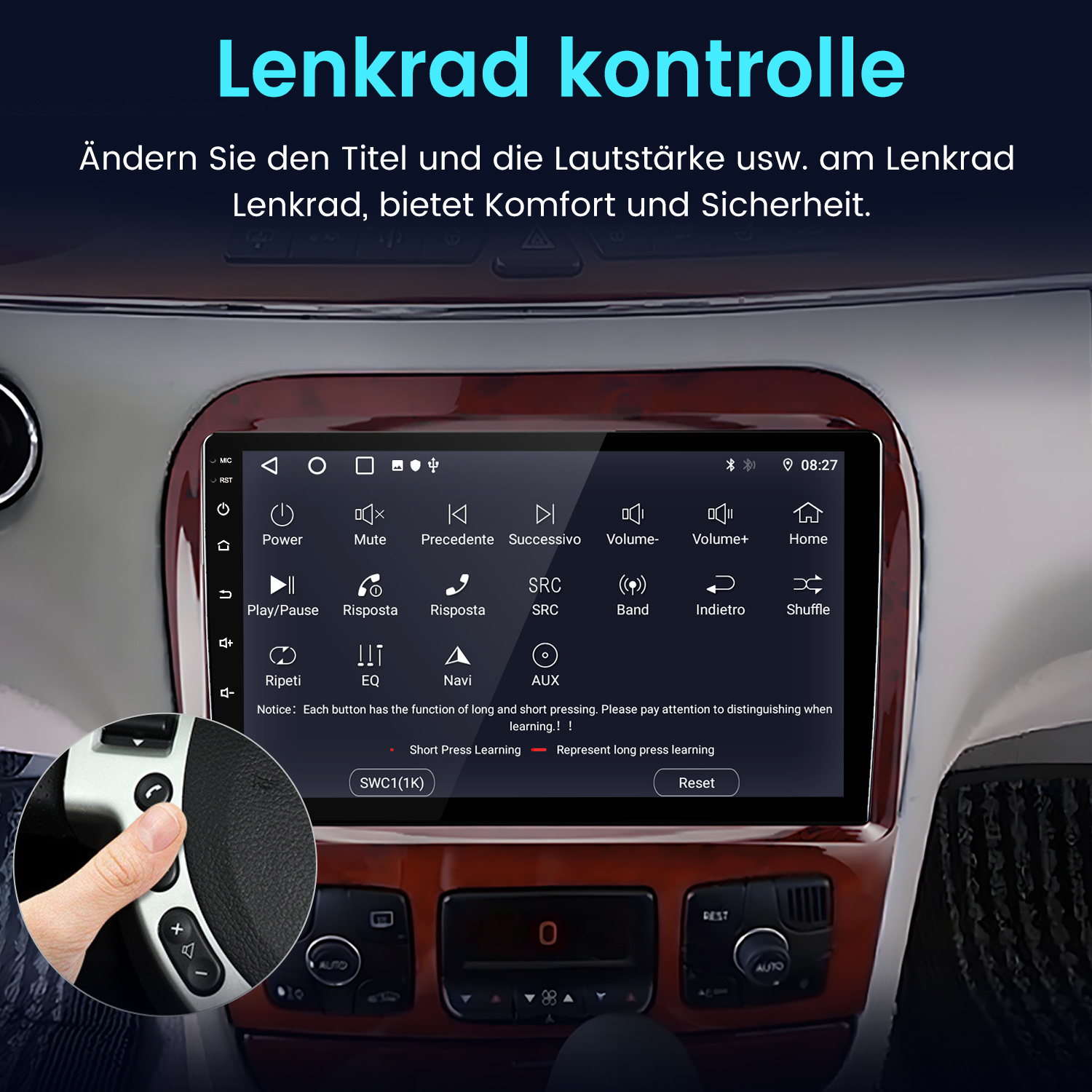 Ein Auto-Touchscreen zeigt Lenkradsteuerungen mit Symbolen für Power, Lautstärke und Navigation.