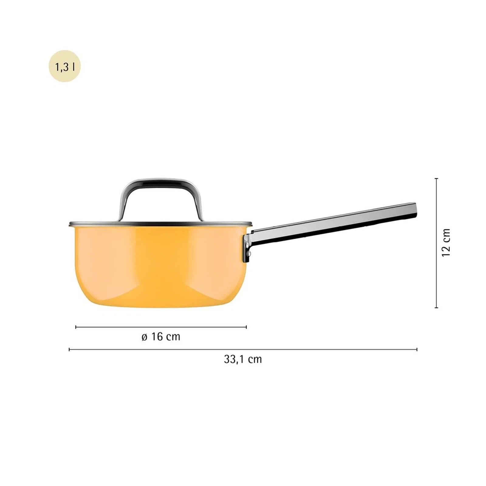 Sarı uzun saplı tencere, 16cm çap, 12cm yükseklik, 1,3L.