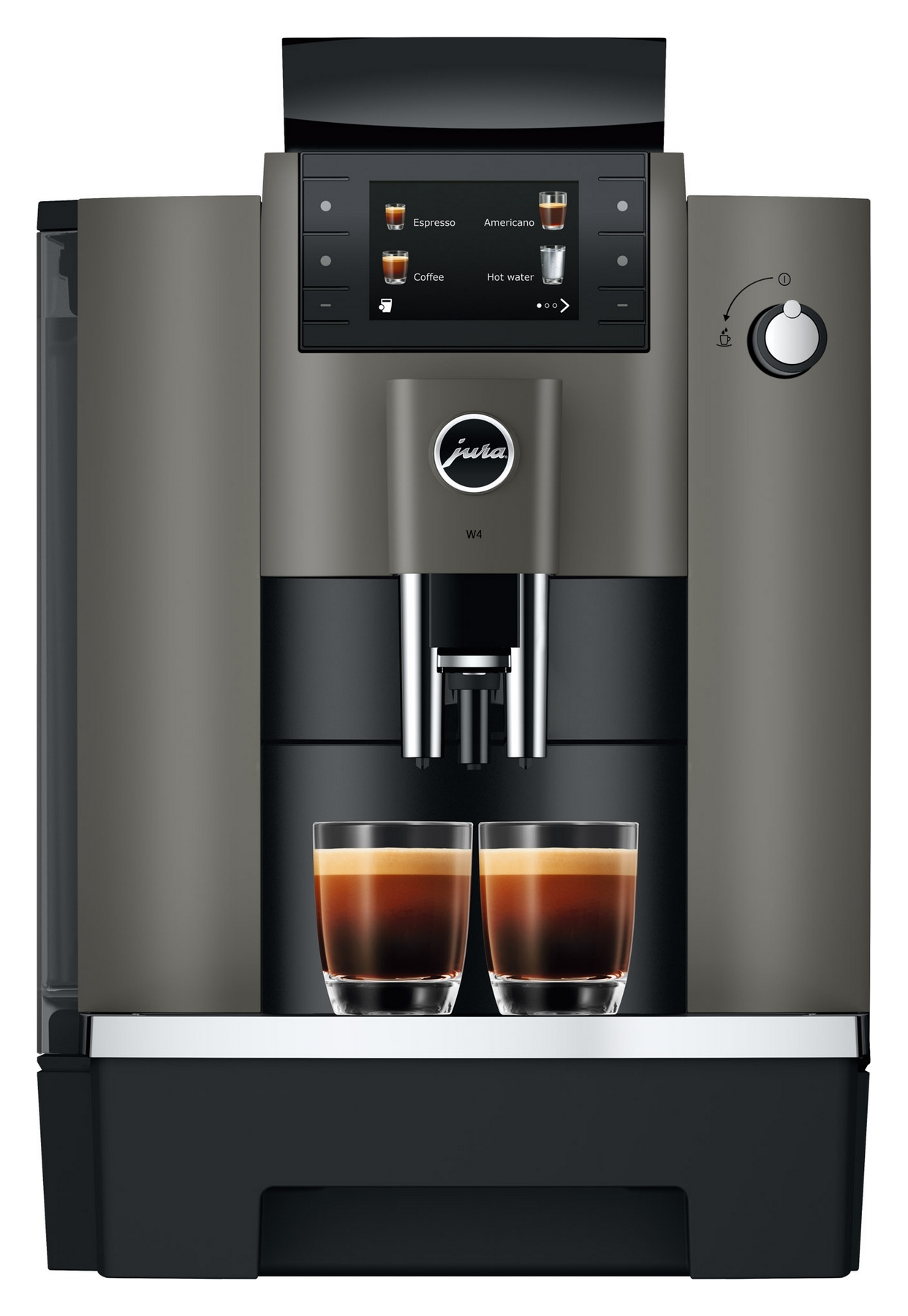Brązowa maszyna do kawy Jura z dwoma szklankami espresso i ekranem dotykowym.
