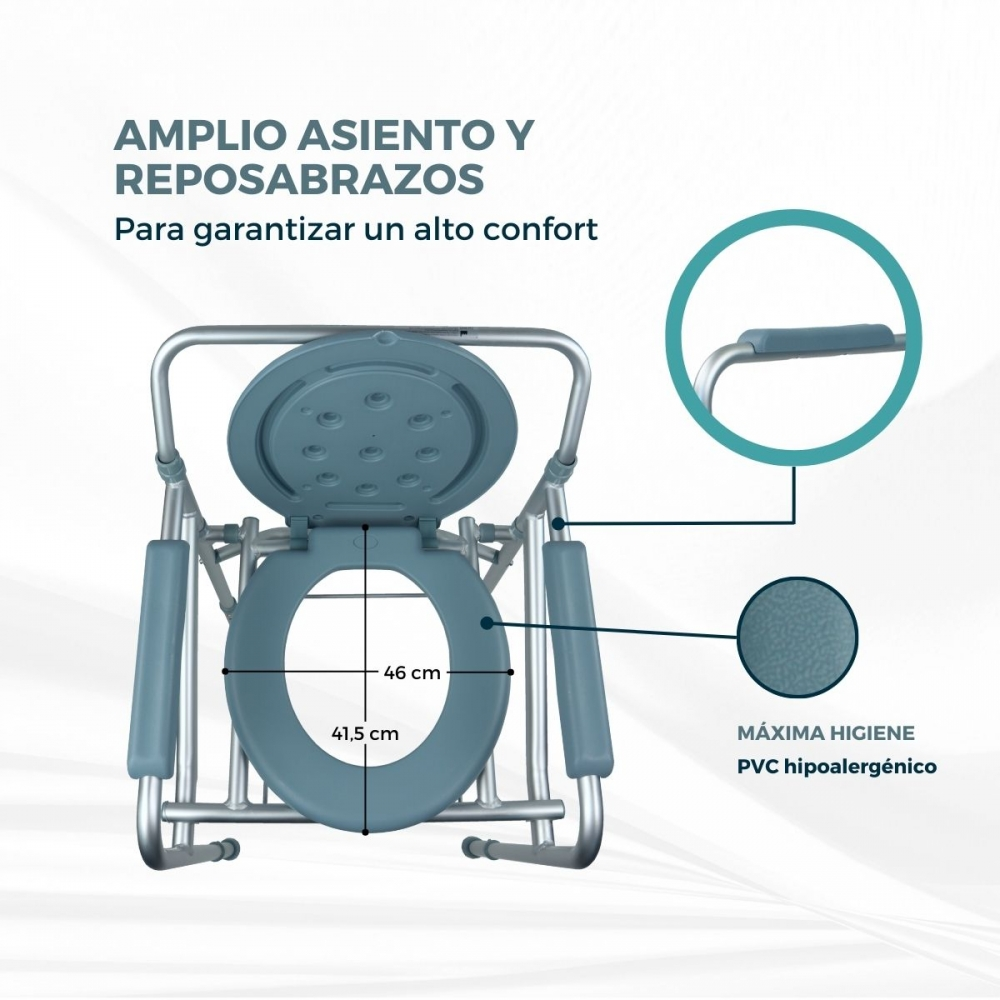 Silla azul para inodoro con reposabrazos, mostrando medidas.