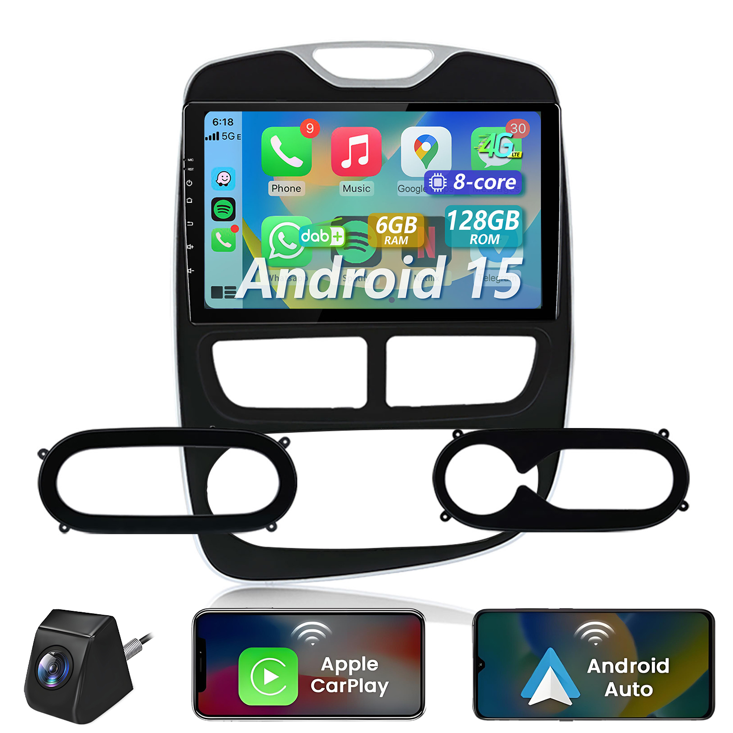 Ein Touchscreen-Infotainmentsystem mit Android 15, 8 Kernen, 6 GB RAM, 128 GB ROM.