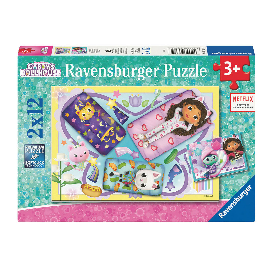 Puzzle Ravensburger Gabby's Dollhouse da 2x12 pezzi, con personaggi e scene.