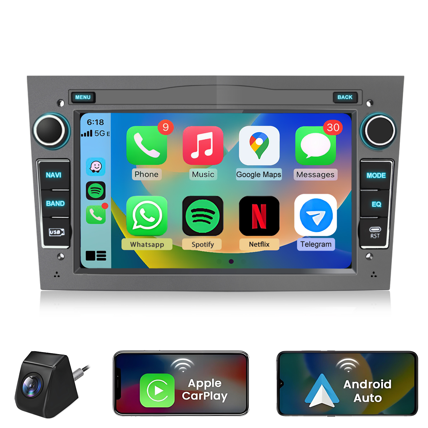 Autoradio mit Apps wie Telefon, Musik, Karten, Nachrichten, WhatsApp, Spotify, Netflix, Telegram.