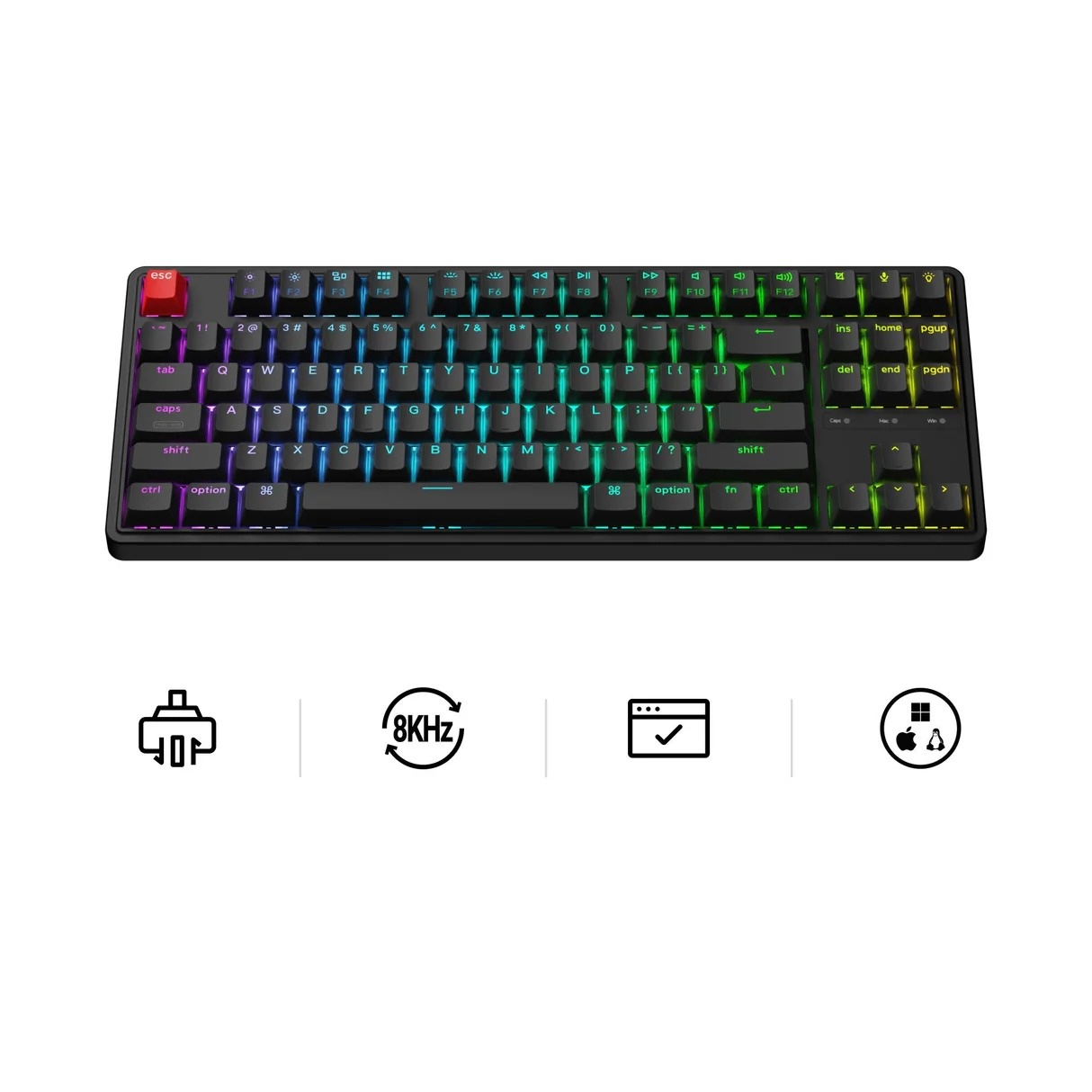 Czarna klawiatura mechaniczna z podświetleniem RGB oraz ikonami łączności i częstotliwości próbkowania.