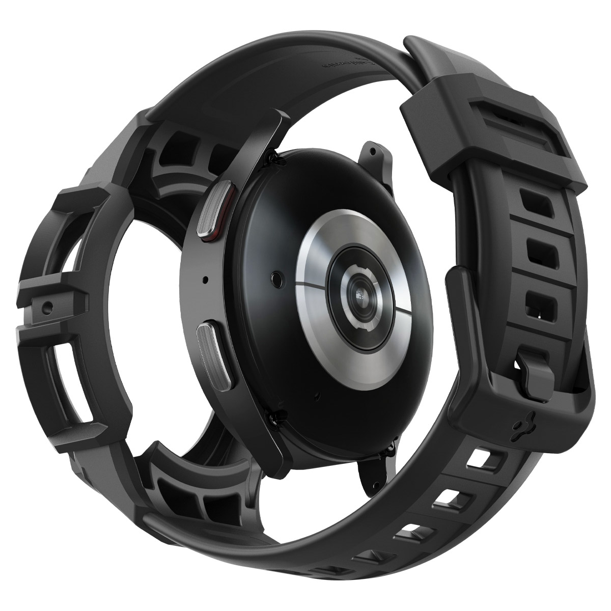Achterkant van een zwarte smartwatch met metalen elementen en een robuuste band.