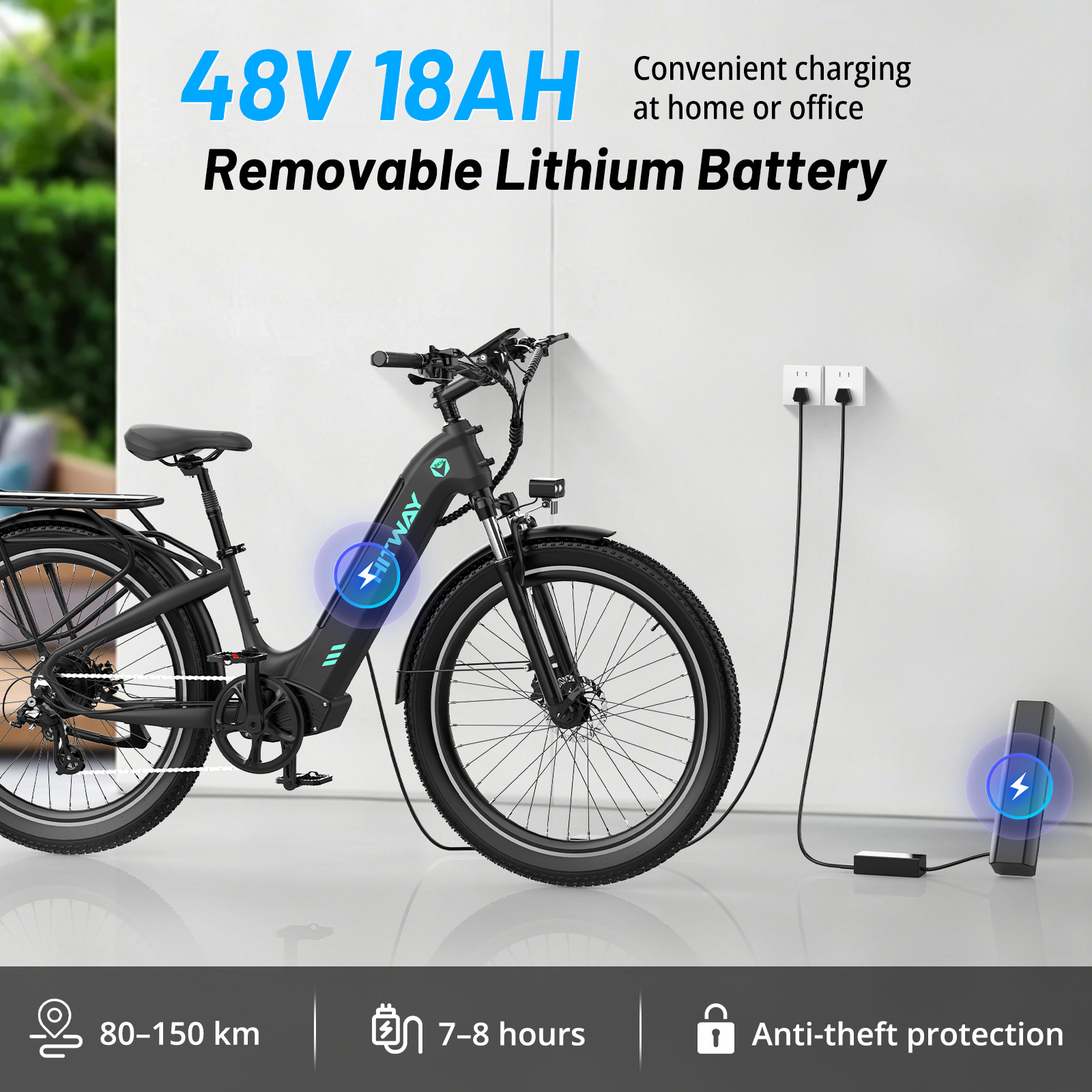 Vélo électrique noir en charge. Batterie lithium amovible 48V 18AH.
