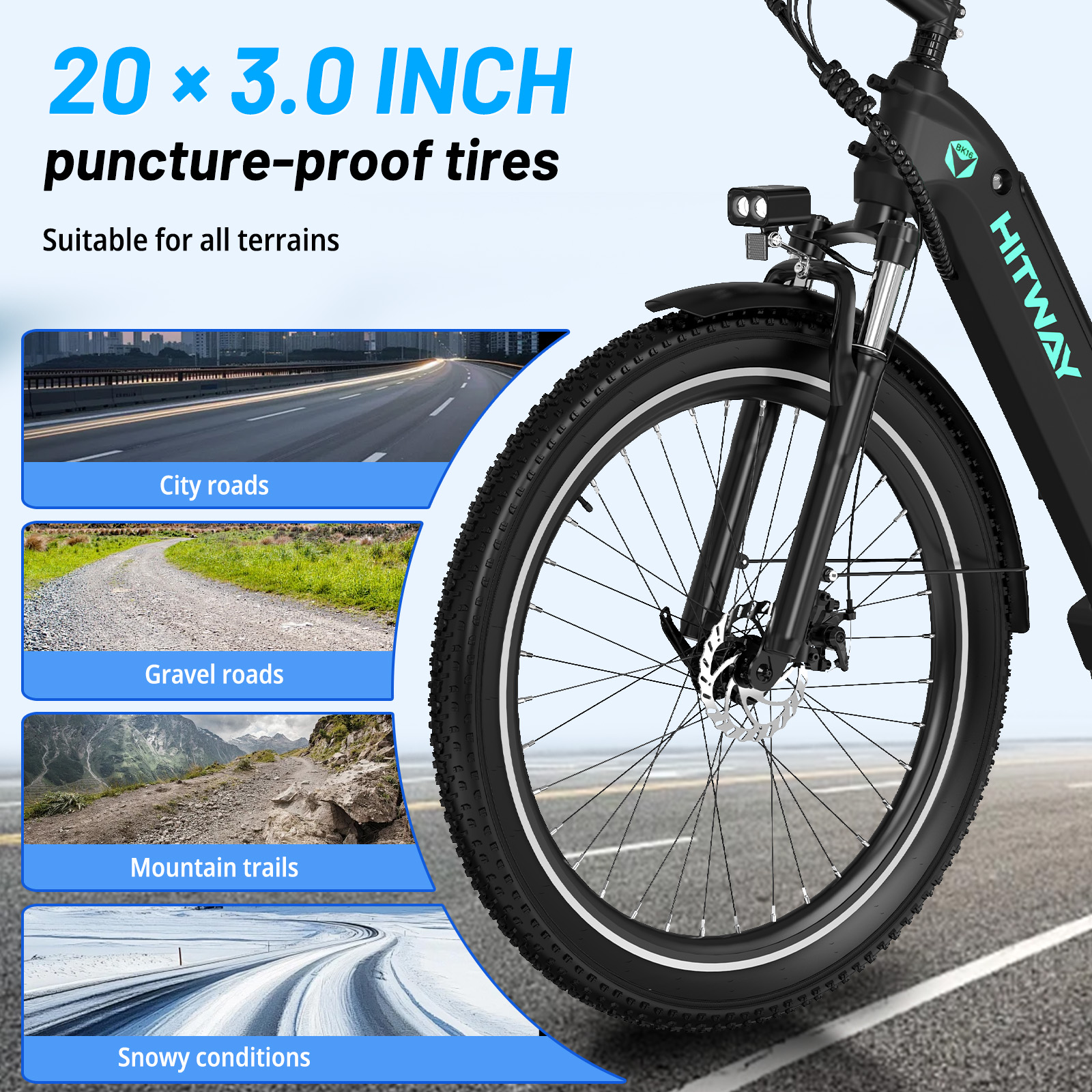 Vélo électrique avec pneus anti-crevaison 20x3.0 pouces, adapté ville, gravier, montagne, neige.