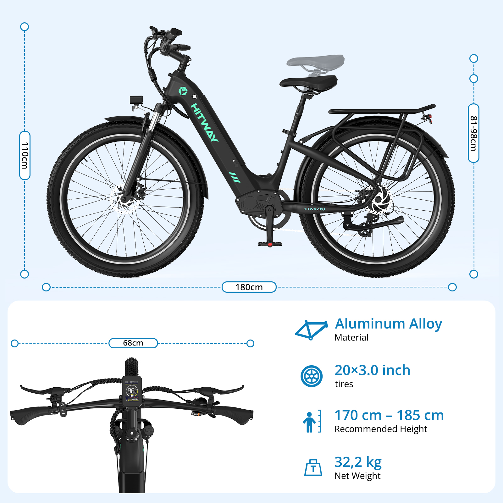 Vélo électrique noir avec pneus 20x3.0 pouces, cadre en alliage d'aluminium.