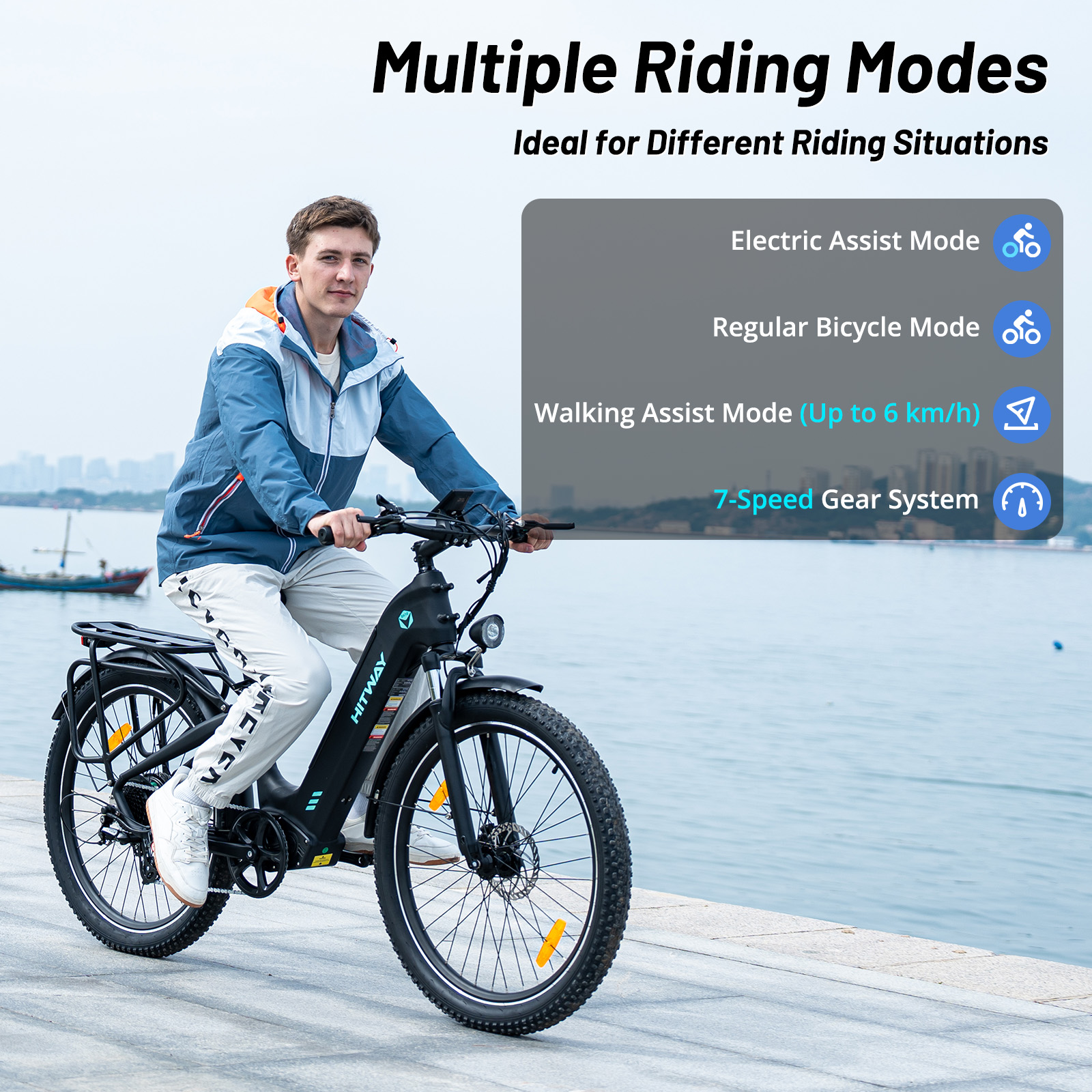 Un homme conduit un vélo électrique noir près de l'eau, différents modes de conduite sont affichés.