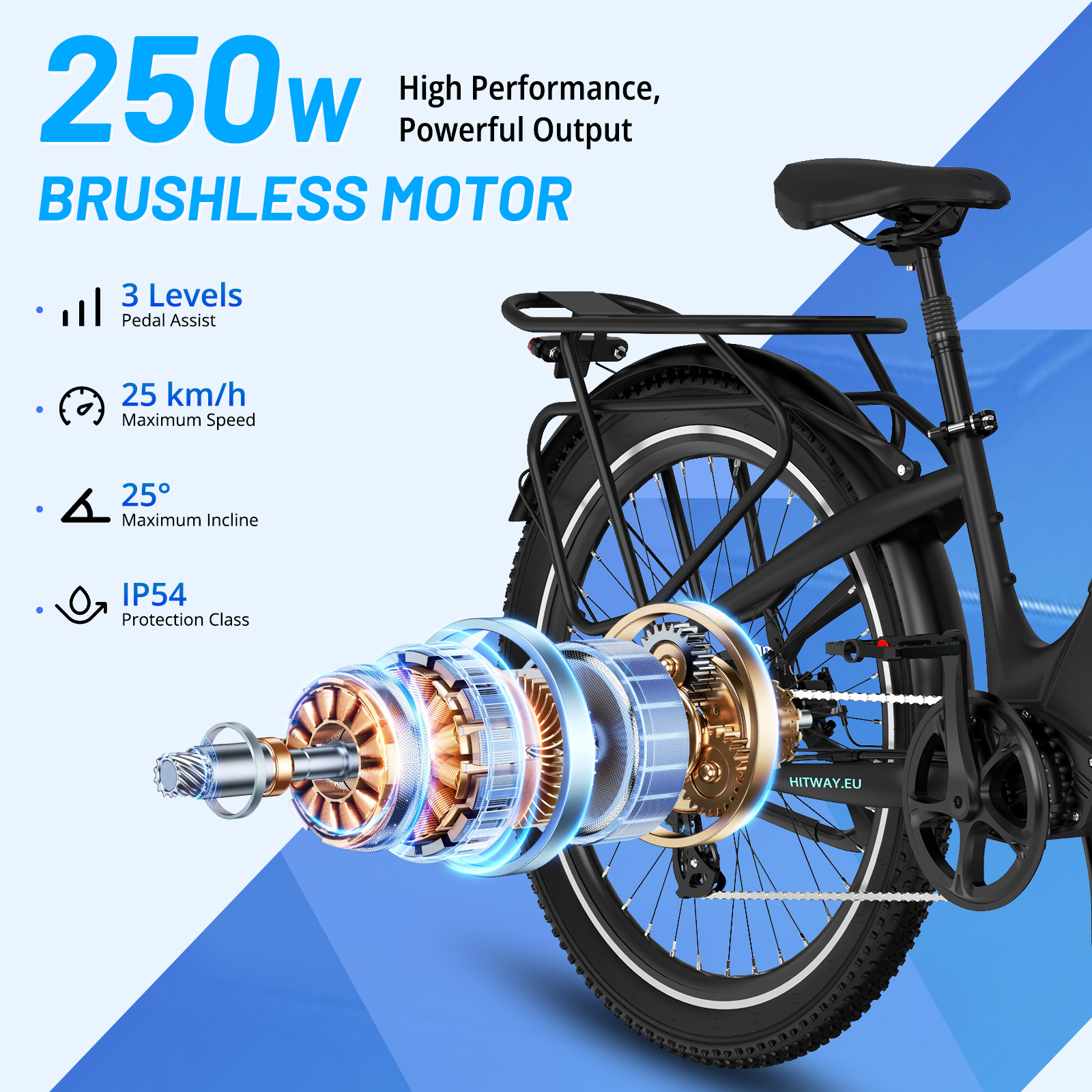 Moteur brushless 250W : 3 niveaux d'assistance, 25 km/h max, 25° d'inclinaison, IP54.