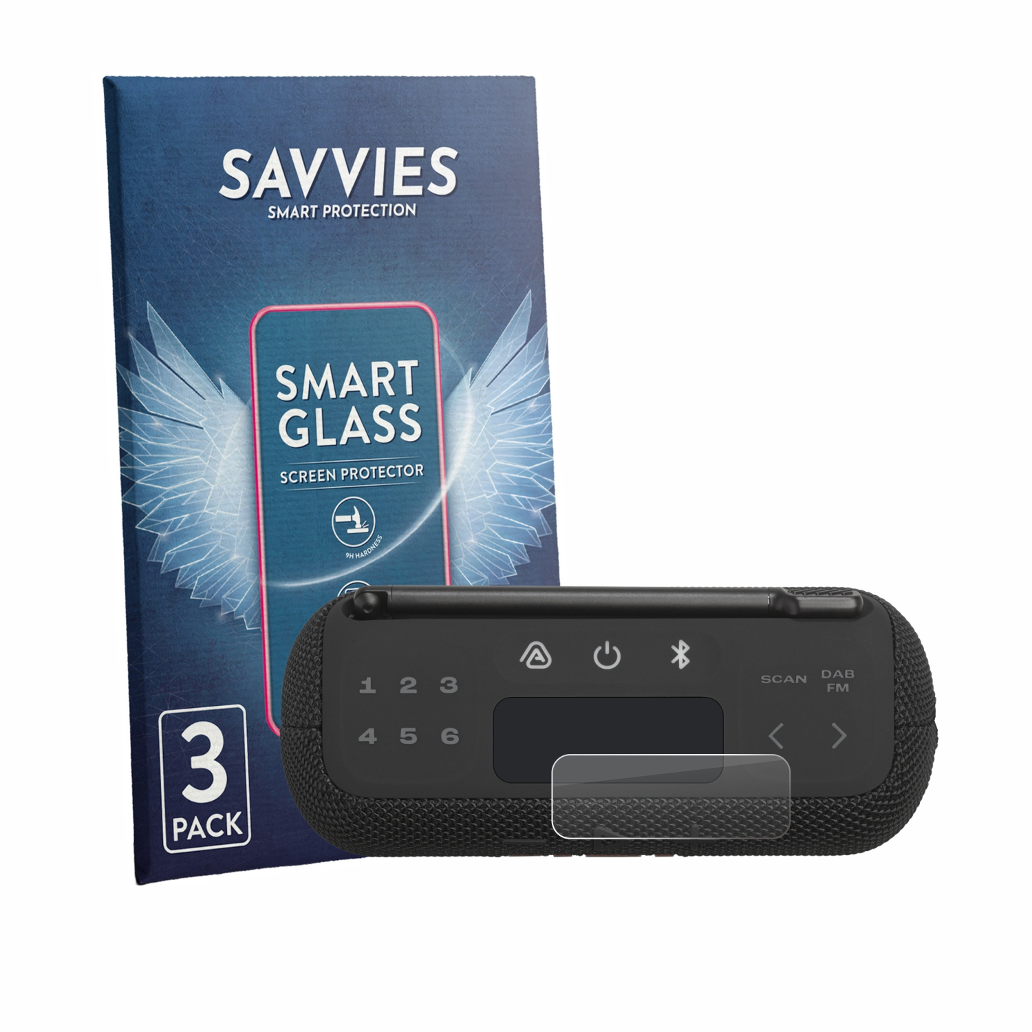 Savvies Smart Glass Schutzfolie mit kleinem Radiogerät.