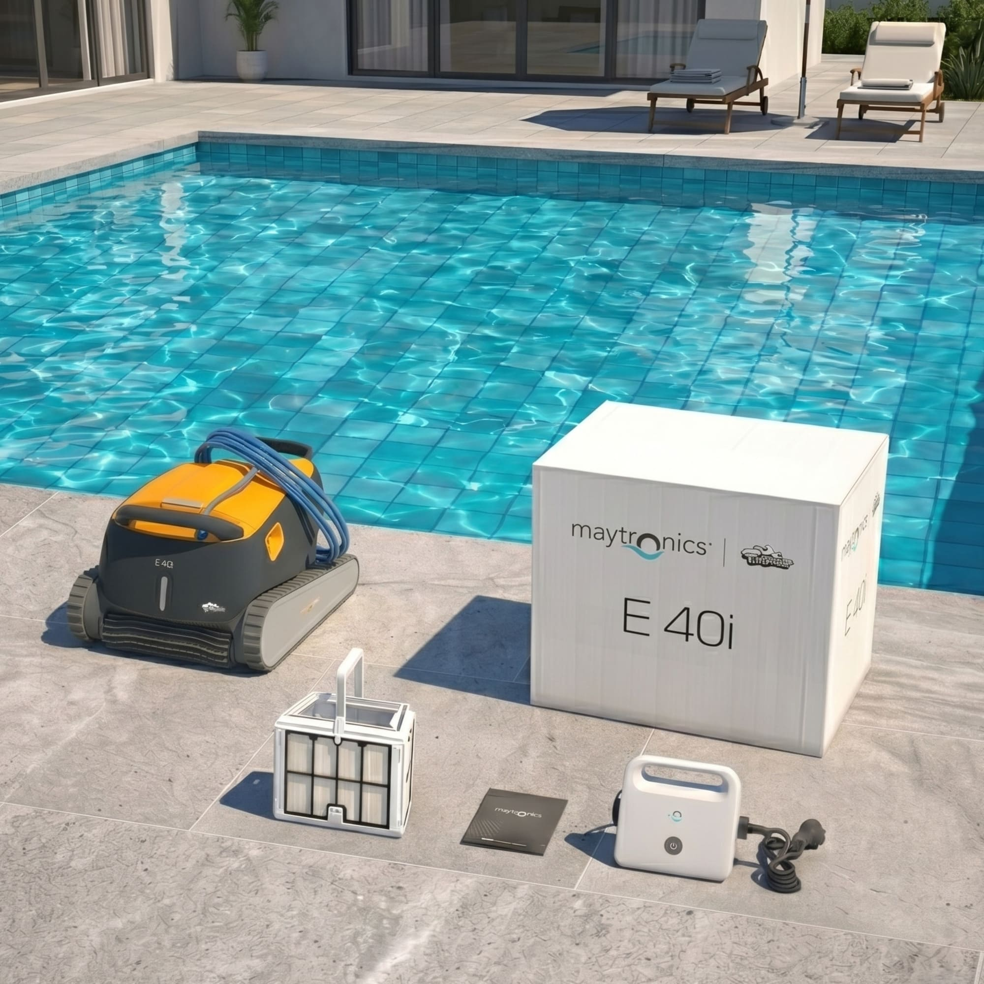 Un limpiador de piscina, cesta de filtro, fuente de alimentación y caja junto a una piscina.