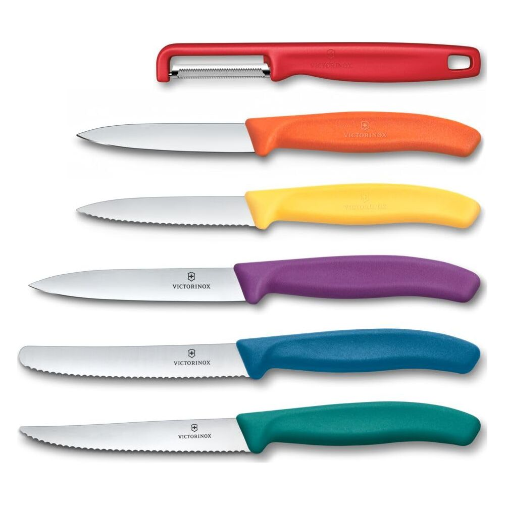 Kırmızı soyucu ve renkli saplı beş Victorinox bıçağı: turuncu, sarı, mor, mavi ve turkuaz.