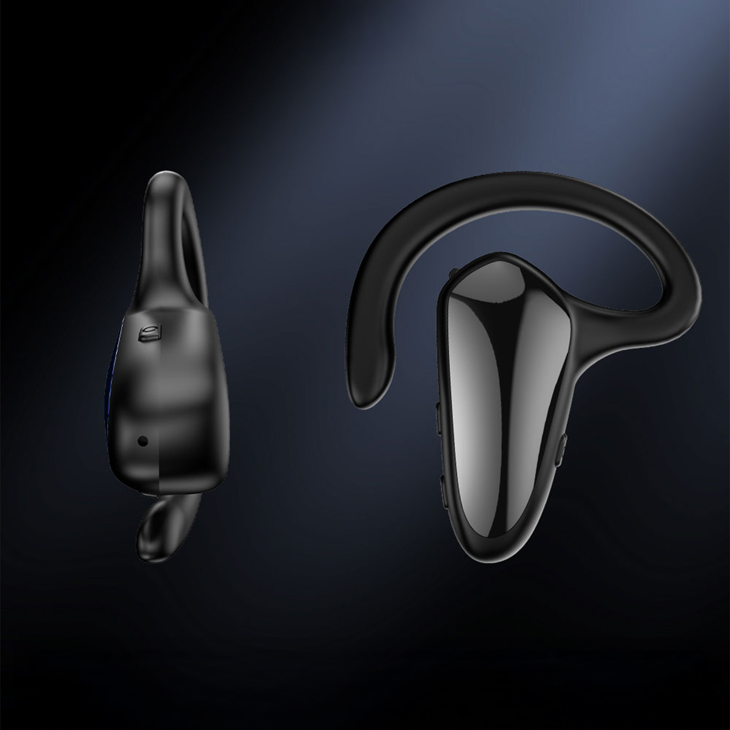 Due auricolari wireless neri e lucidi con ganci, su sfondo scuro.