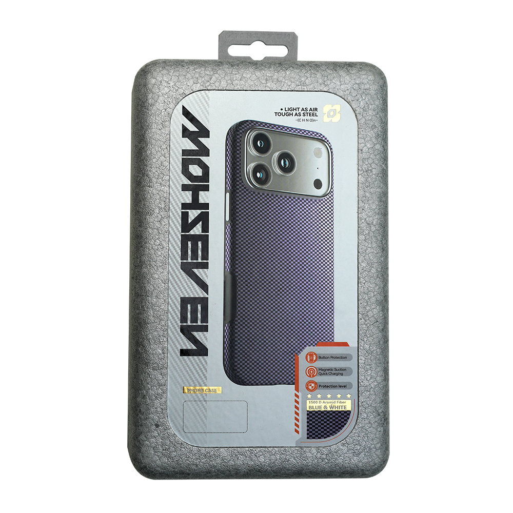 Mohseven logolu mavi ve beyaz aramid fiber telefon kılıfı ambalajı.