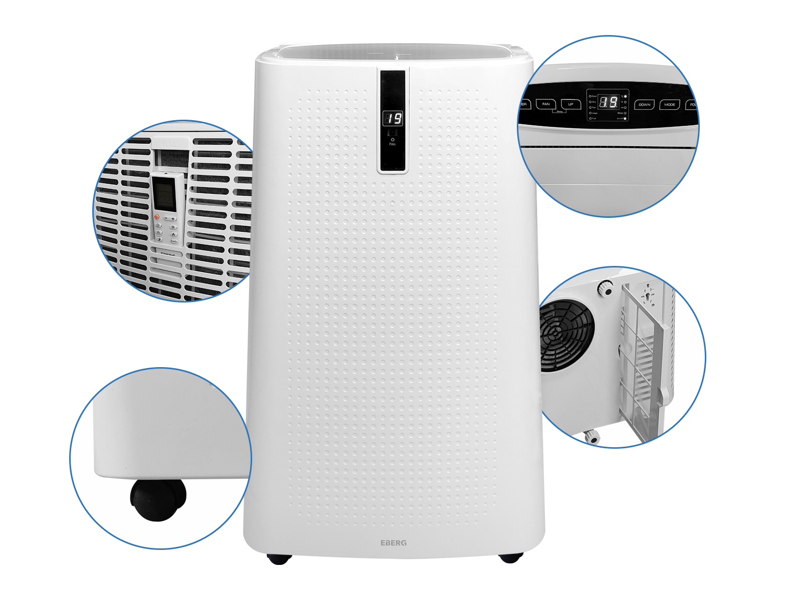 Biały oczyszczacz powietrza Eberg z kółkami, panelem sterowania i wyjmowanym filtrem.