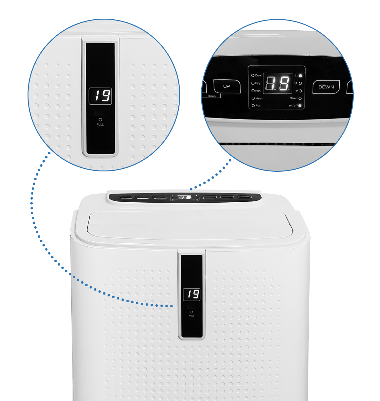Biała wieżowa przenośna klimatyzacja z cyfrowym wyświetlaczem i kontrolkami.