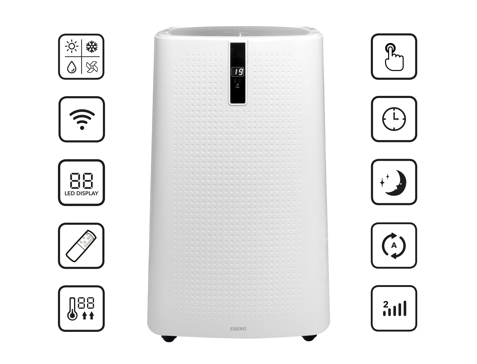 Biały oczyszczacz powietrza z ikonami funkcji takich jak dotyk, timer, tryb nocny, auto, Wi-Fi.