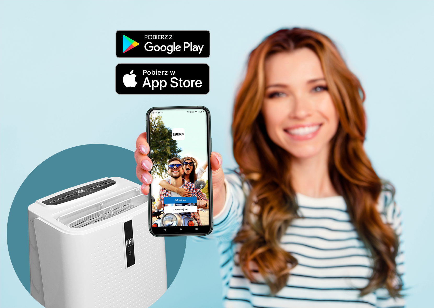 Kobieta trzyma telefon z aplikacją, obok biały osuszacz powietrza i loga sklepów.