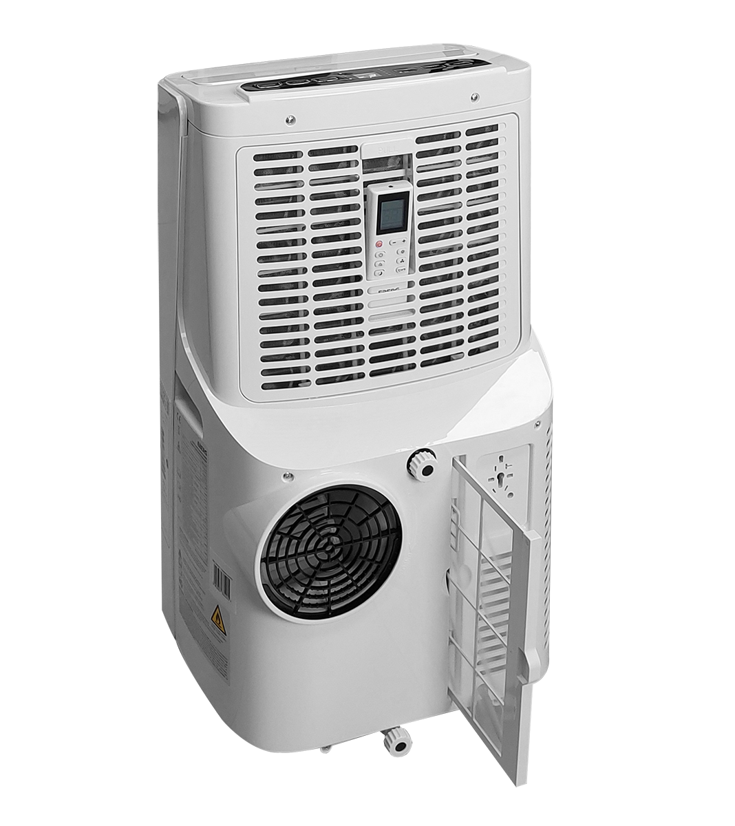 Biała przenośna klimatyzacja z otworami wentylacyjnymi i małym ekranem.