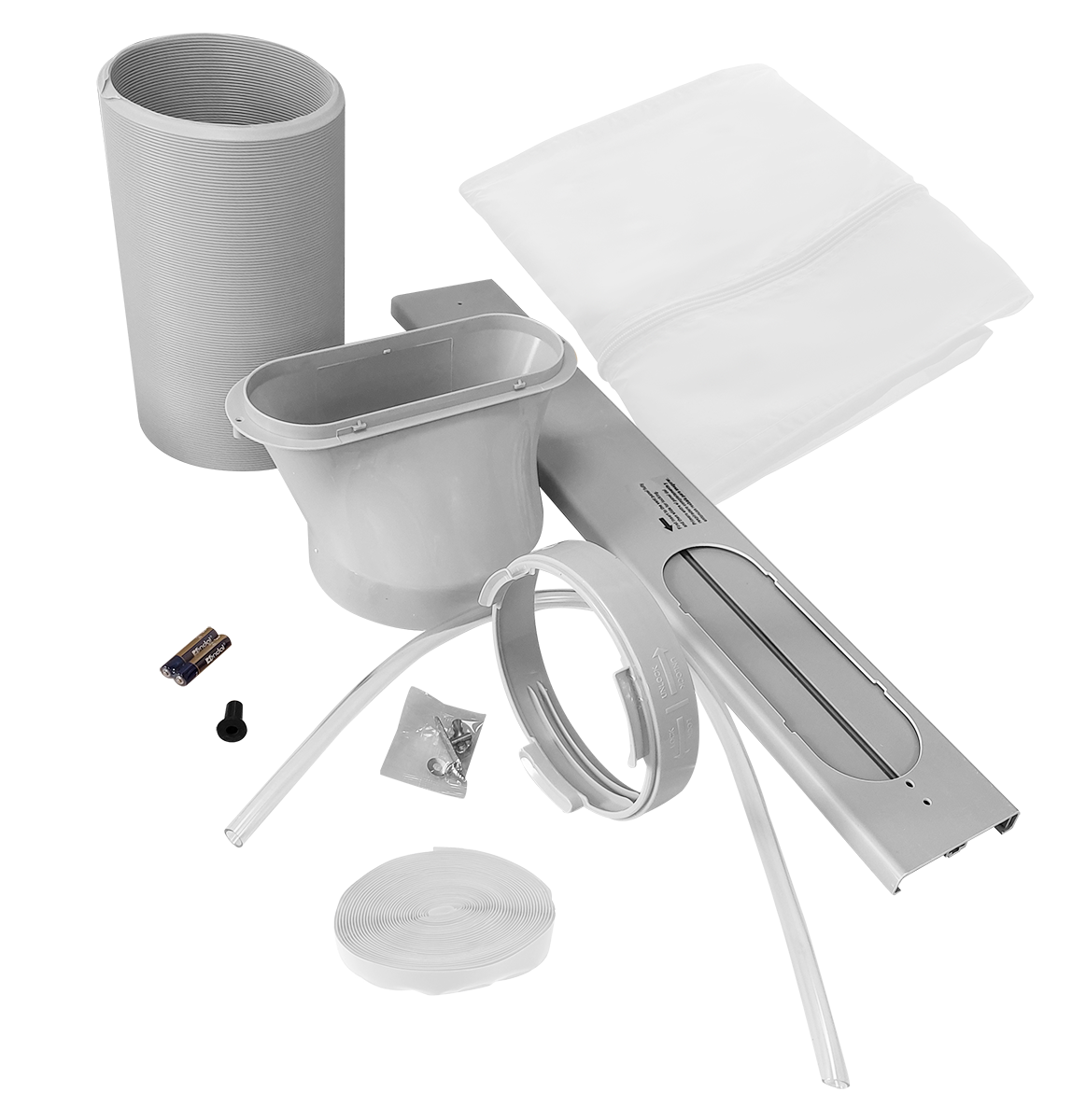 Szary zestaw wentylacyjny do przenośnej klimatyzacji z wężem, adapterem okiennym i akcesoriami.