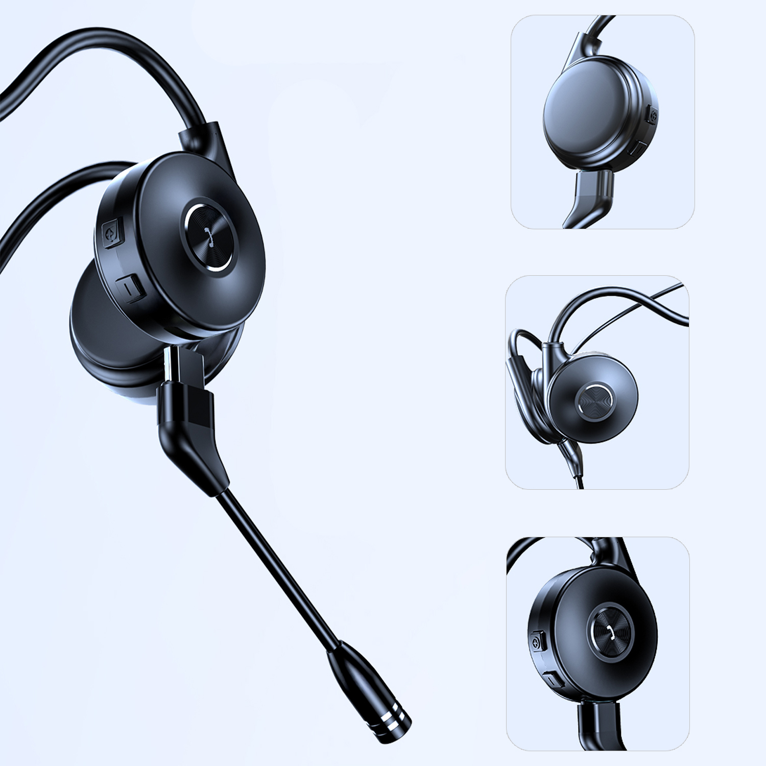 Cuffie nere con braccio microfonico, primo piano di auricolari e pulsanti.
