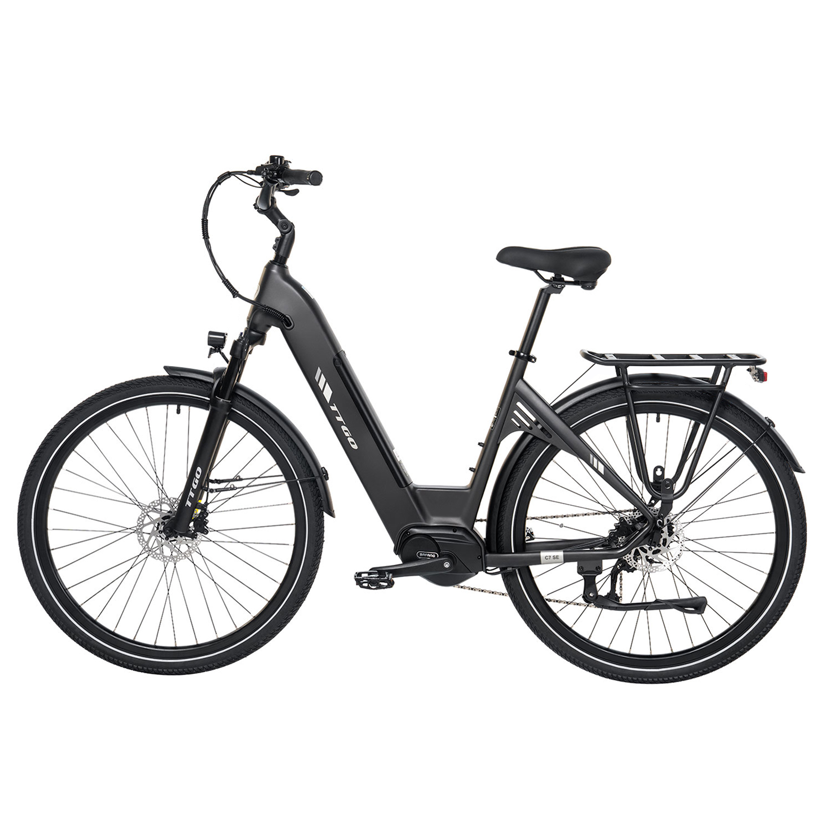 Czarny rower elektryczny z bagażnikiem i silnikiem centralnym. Biały pasek na ramie.