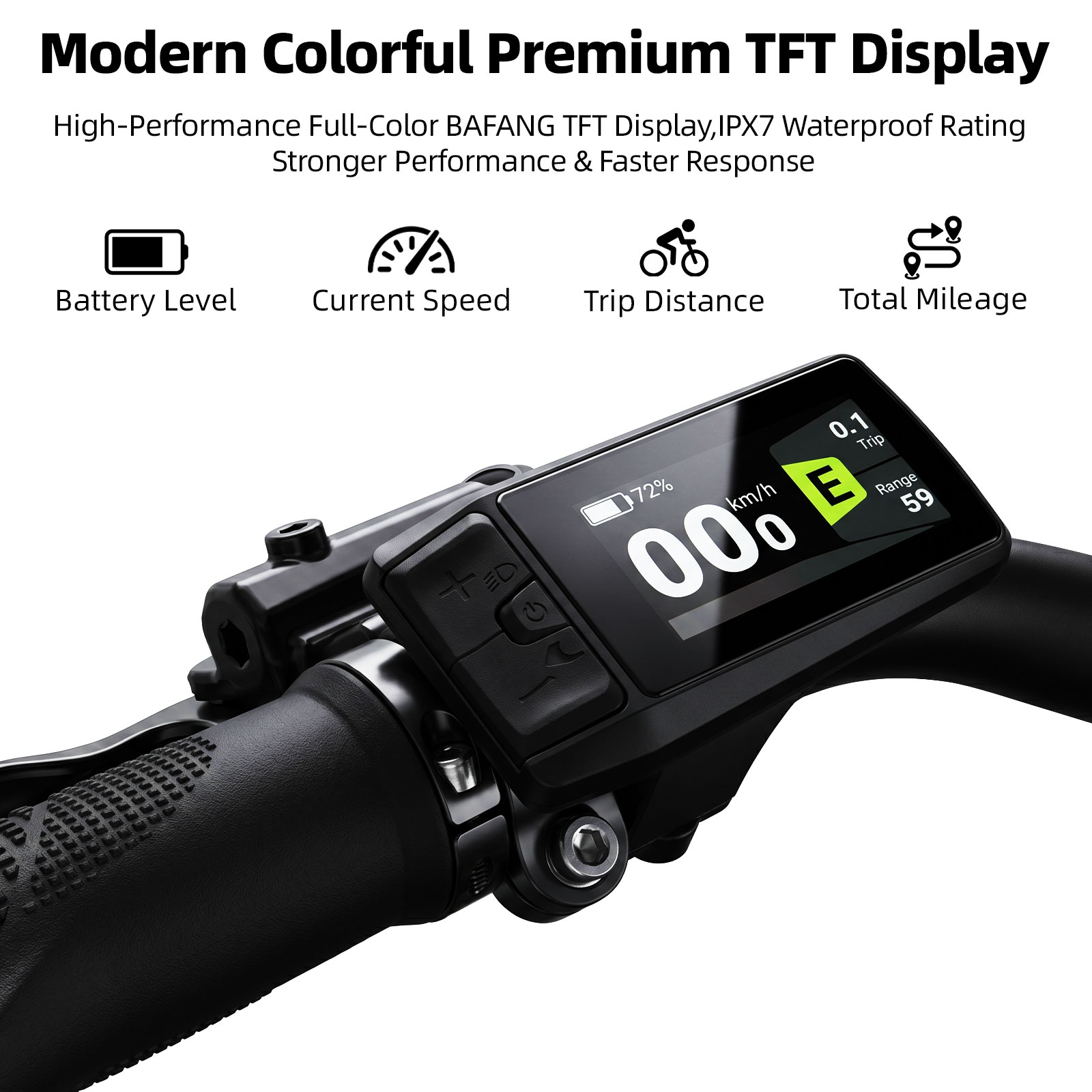 Wyświetlacz kierownicy roweru elektrycznego pokazuje baterię, prędkość, podróż i przebieg.