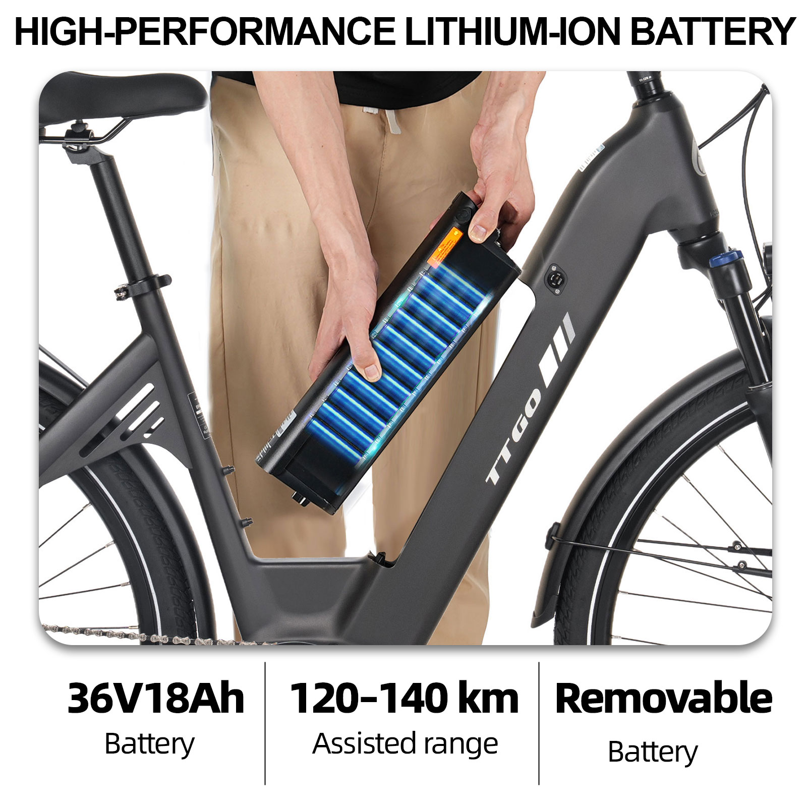 Mężczyzna wyjmuje świecącą baterię roweru elektrycznego. Specyfikacje poniżej.