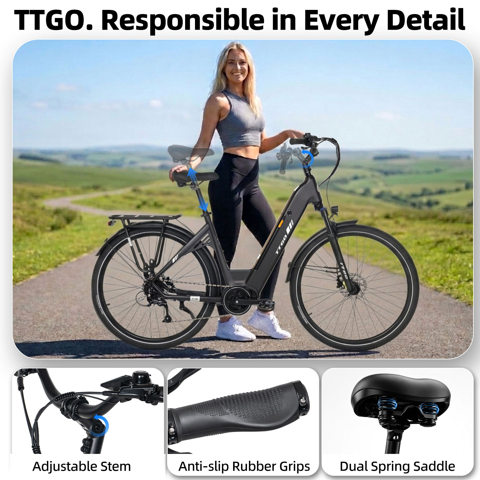 Kobieta z rowerem elektrycznym na drodze. Małe obrazy pokazują regulowaną łodygę, uchwyty, siodełko.