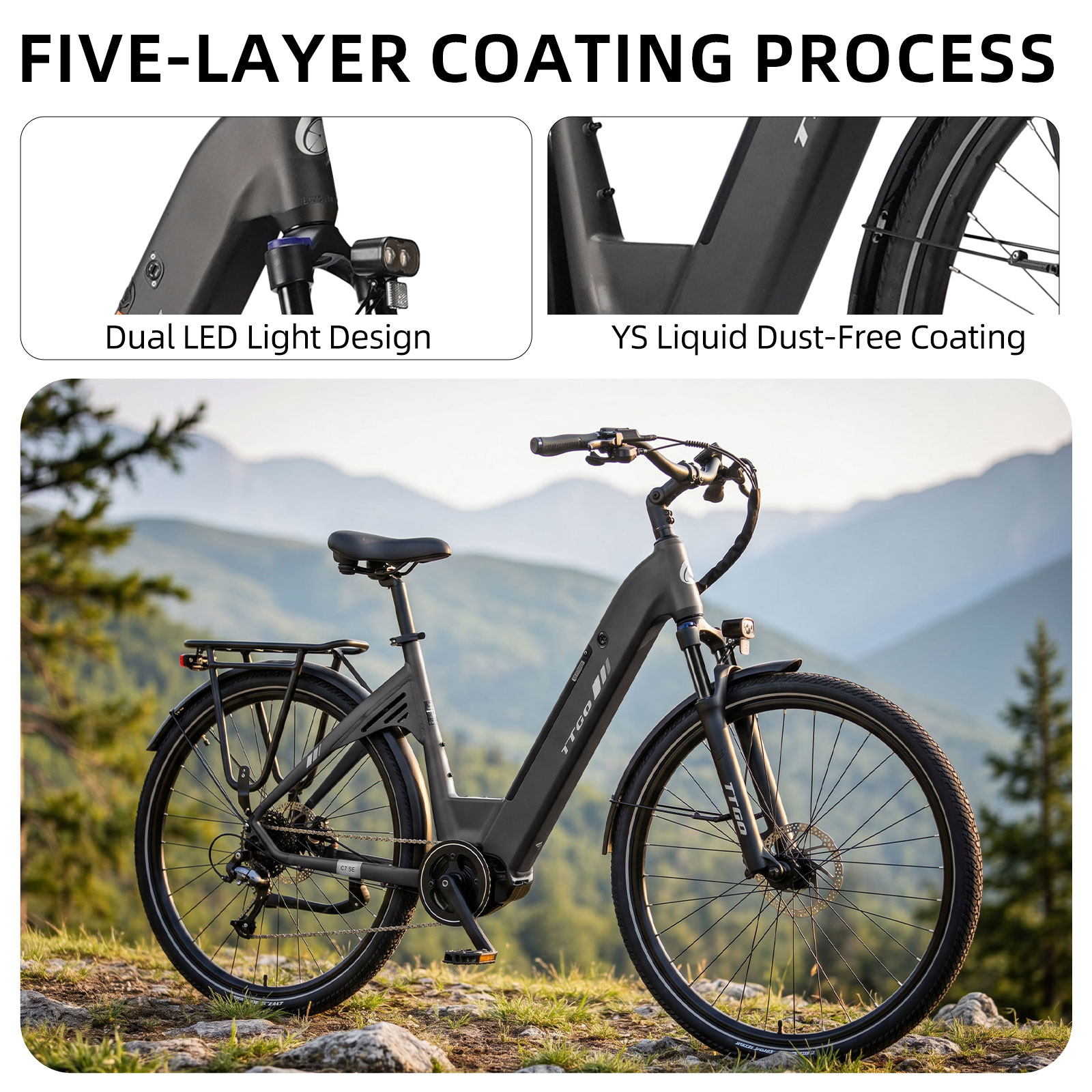 Szary rower elektryczny z podwójnymi światłami LED i bagażnikami, na zewnątrz.