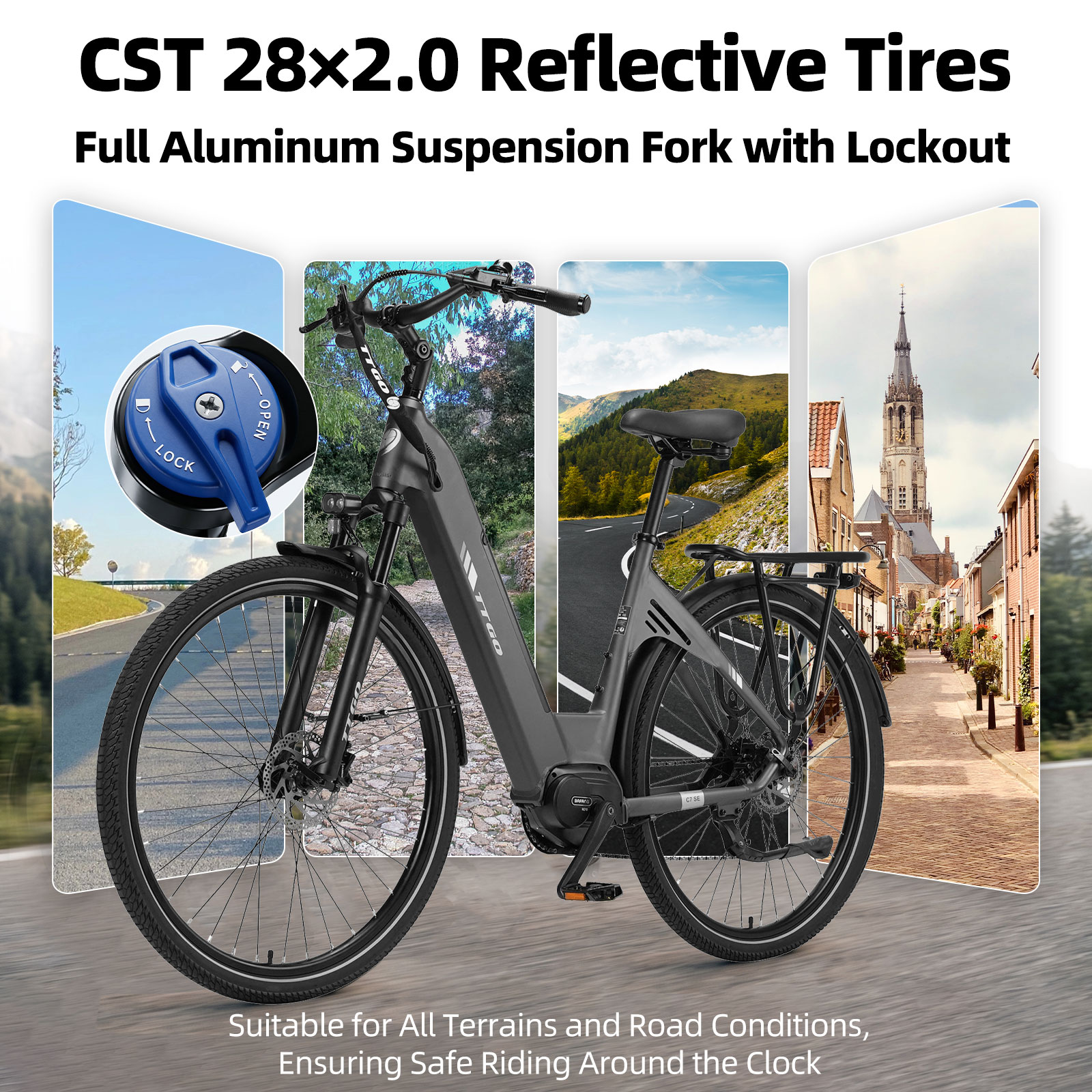 Szary rower z amortyzowanym widelcem, obok zdjęć krajobrazów i miasta.