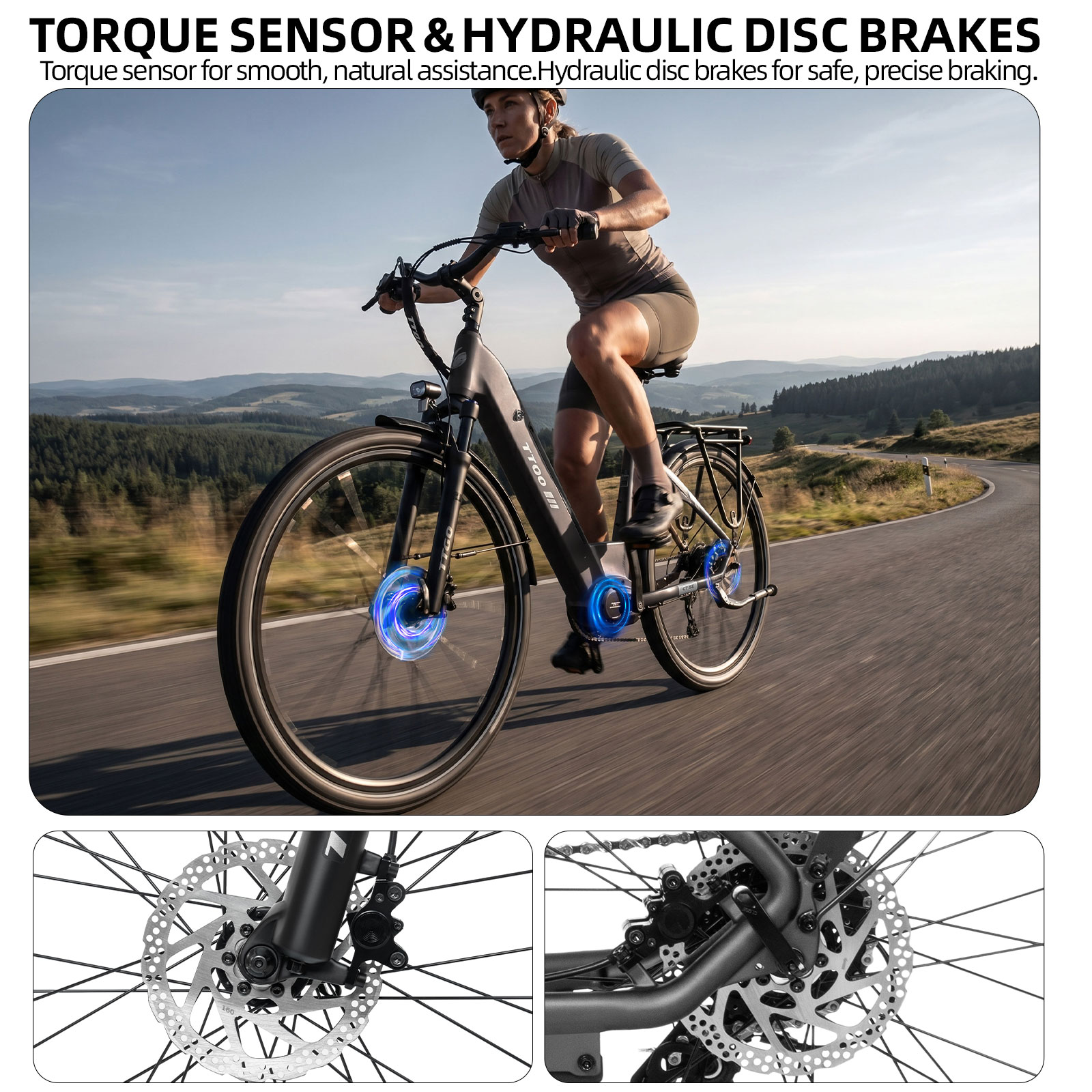 Kobieta jedzie na rowerze elektrycznym po krętej drodze, zbliżenia hamulców tarczowych.