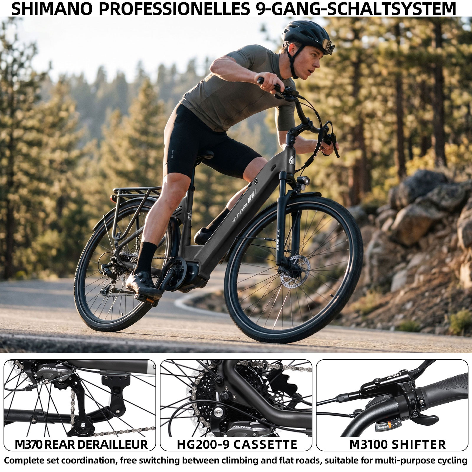 Mężczyzna jedzie rowerem elektrycznym z systemem Shimano po lesie.