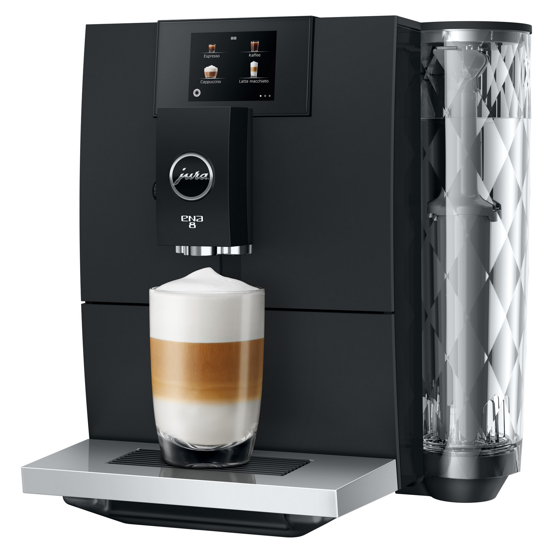 Macchina da caffè nera con bicchiere di latte macchiato.