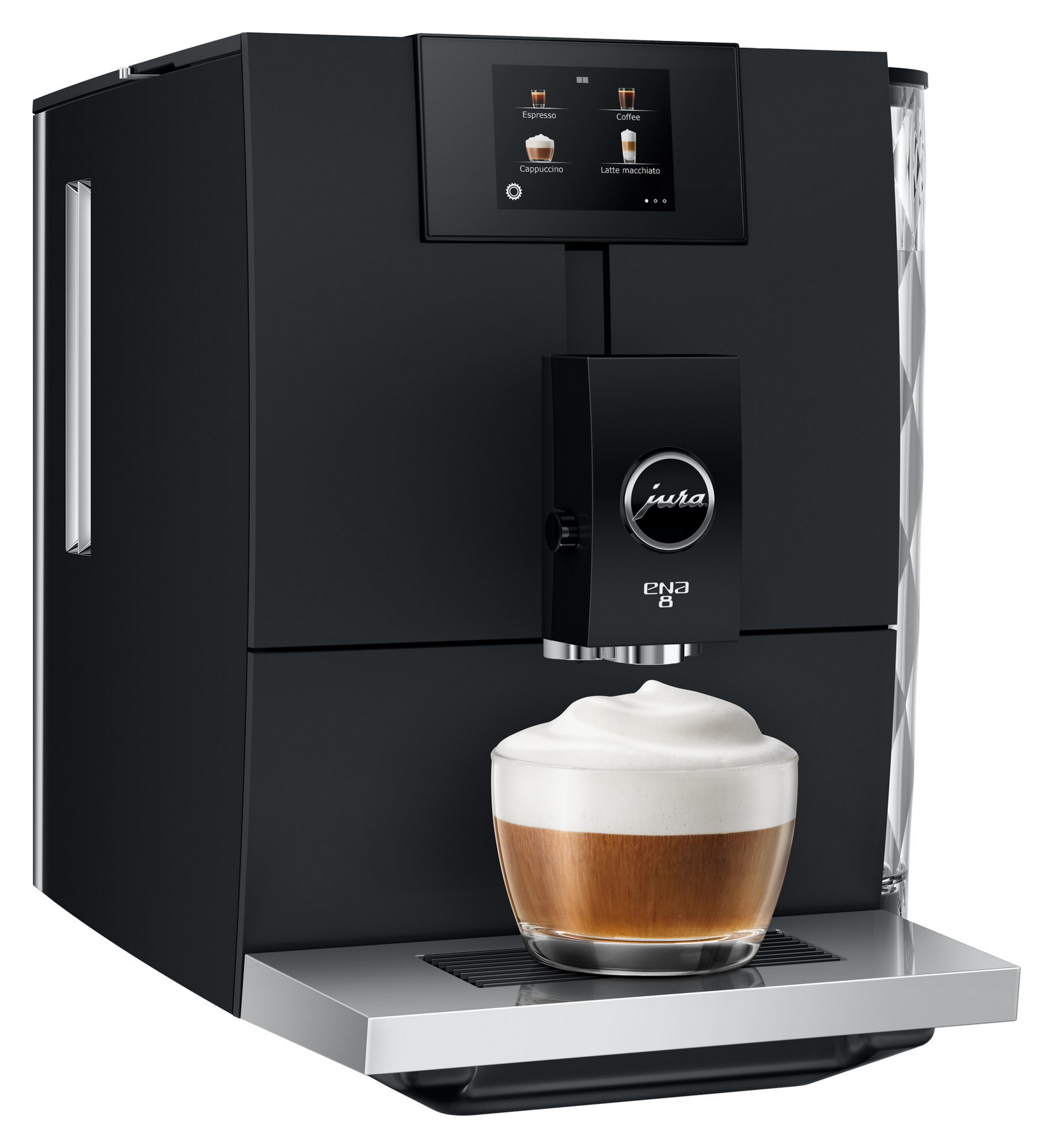 Macchina da caffè nera con bicchiere e schiuma di latte