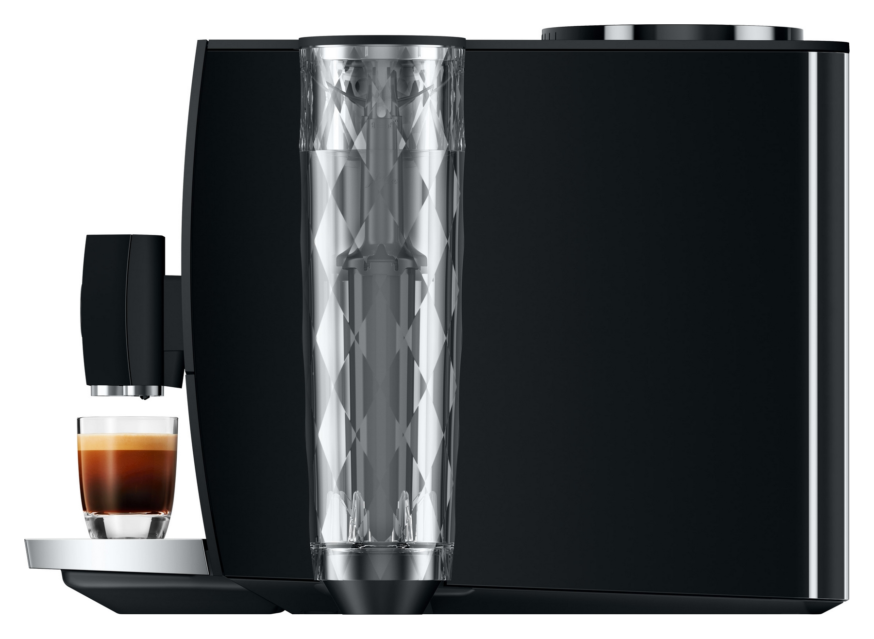Una macchina da caffè nera con un bicchiere di espresso e un serbatoio dell'acqua trasparente.