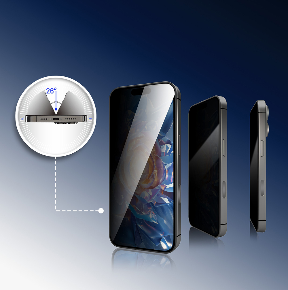 Telefon ekran koruyucu, 26° görüş açısı sınırı, üç telefon.
