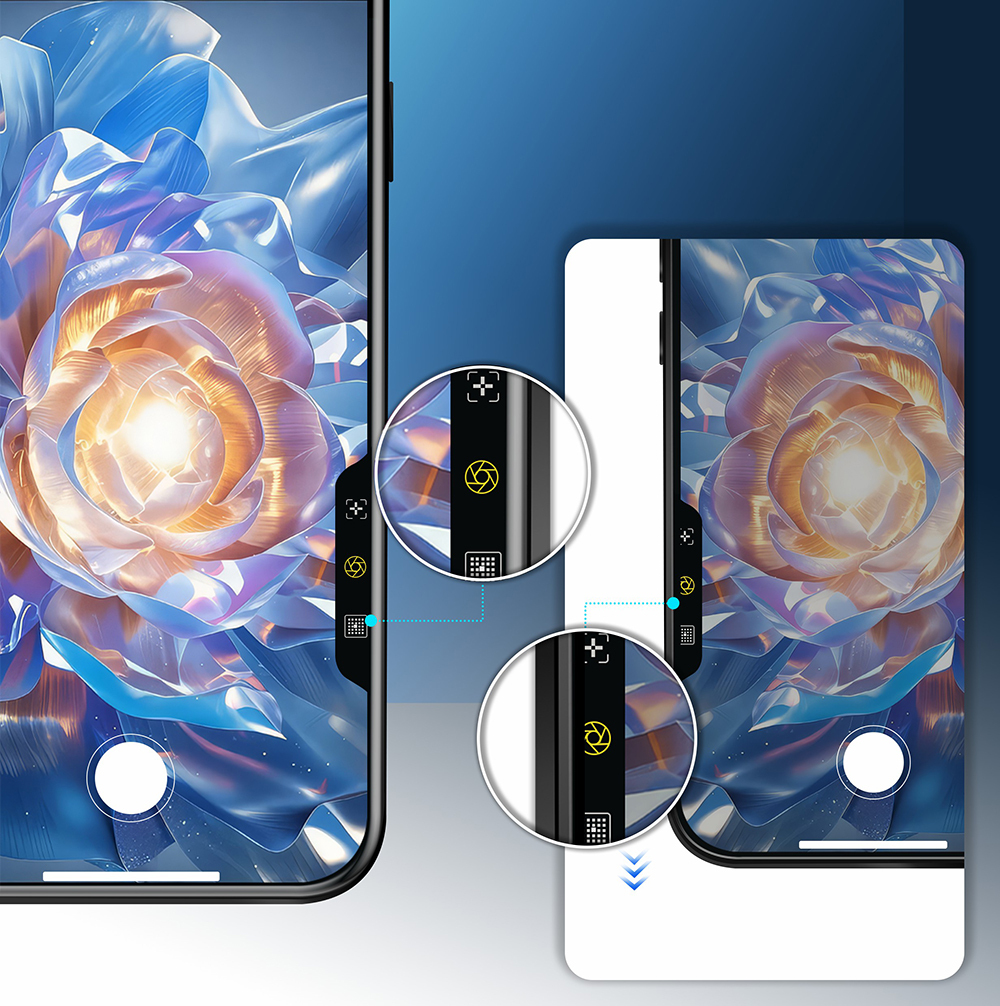 Bir akıllı telefon ekranında parlak bir çiçeğin yakın çekimini gösteriyor.