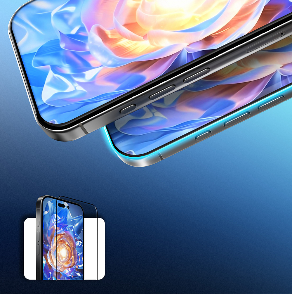 Soyut sanat sergileyen iki akıllı telefon, ekran koruyucusu yakınında.