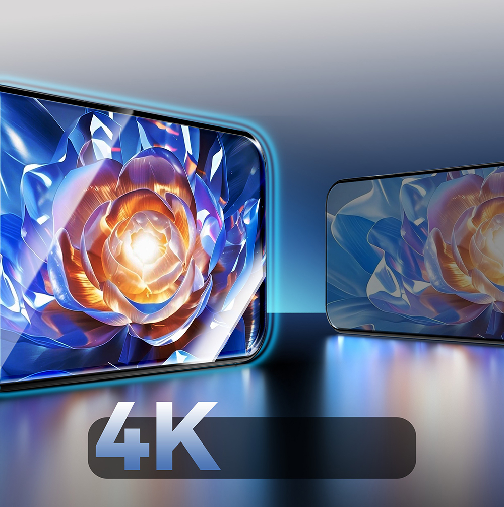 İki ekran renkli, soyut bir çiçek gösteriyor. '4K' yazısı görünüyor.