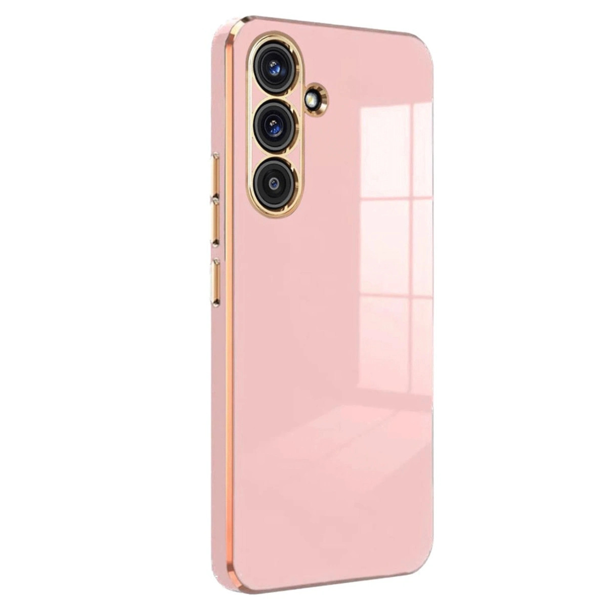 Üç kameralı ve altın çerçeveli pembe telefon kılıfı.