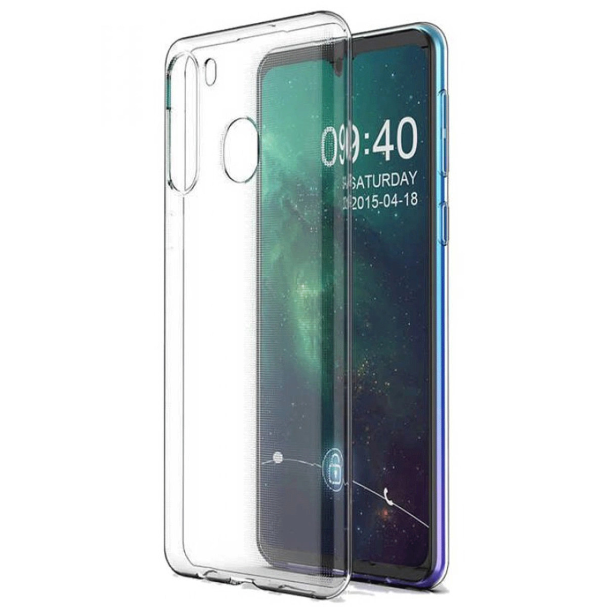 Şeffaf telefon kılıfı, kilitli ekranlı bir akıllı telefonun yanında duruyor.