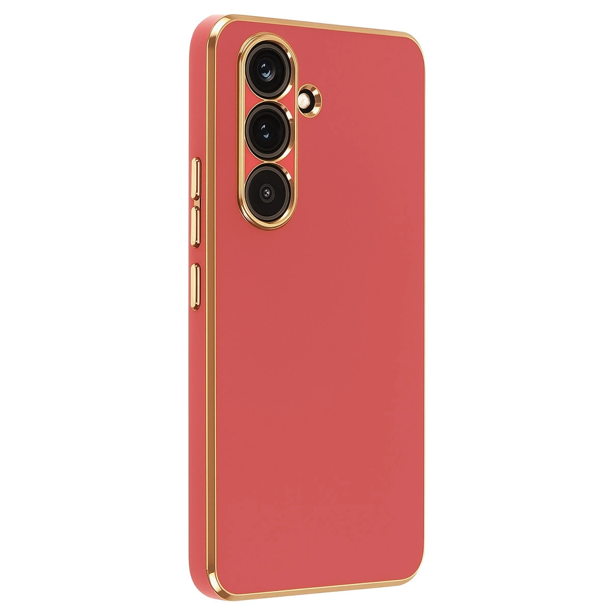 Altın kenarlı, üç kamera lensli kırmızı telefon kılıfı.