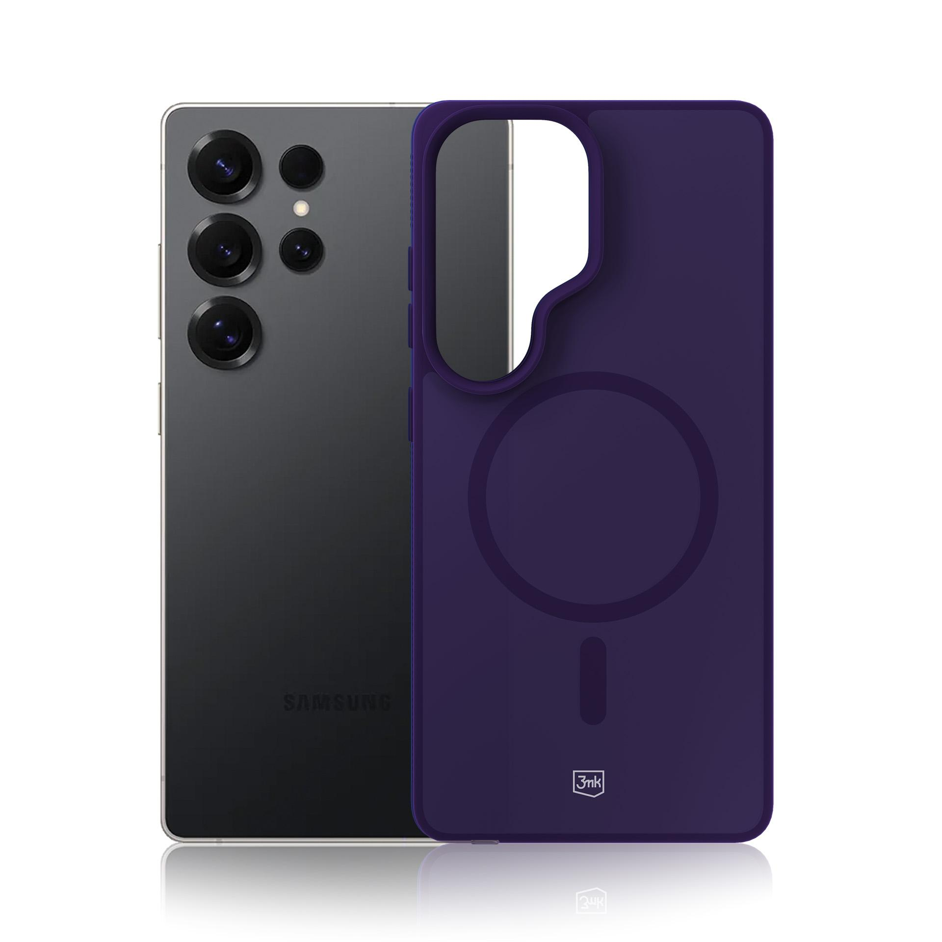 Ciemny Samsung leży obok fioletowego etui na telefon.