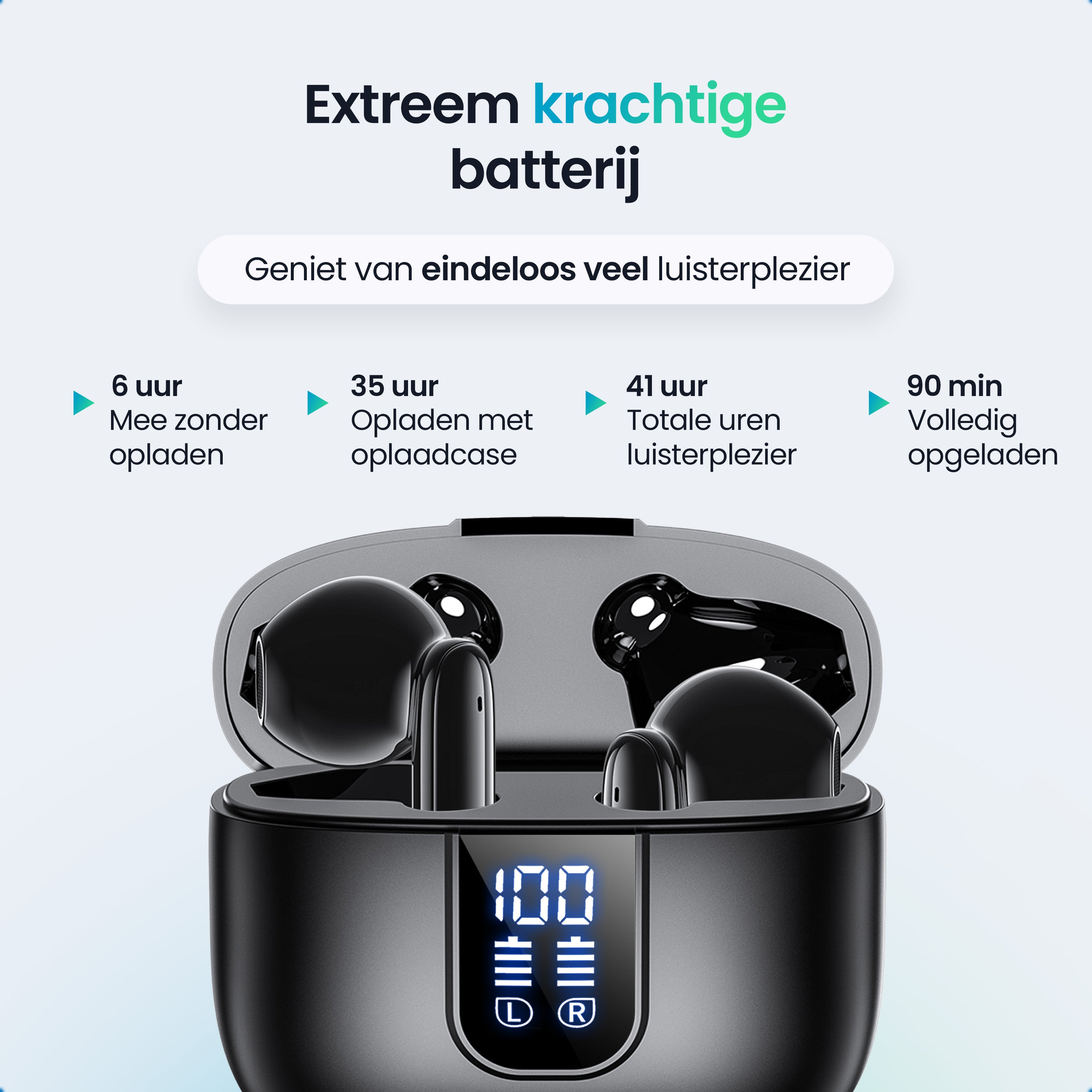 Black wireless earbuds in an open charging case with a digital display.
